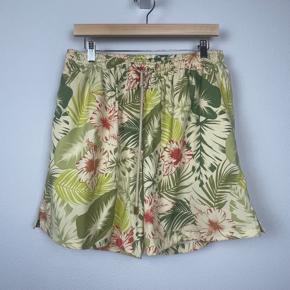 Kenny Flowers Men's XXL‎ Swim Trunks Yellow Green Hibiscus Tropical Print